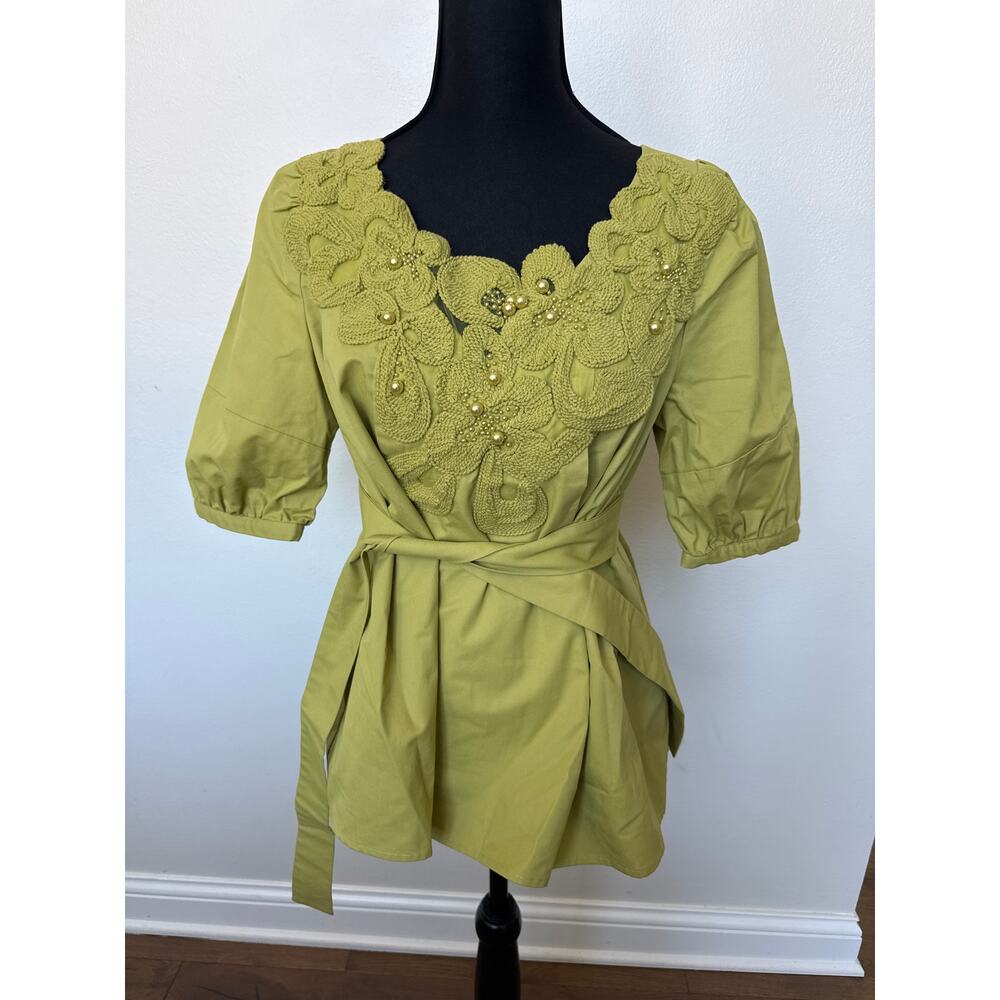 Tracy Porter Floral Crochet Pearl Trim Puff Sleeve Blouse Olive Green Women's L